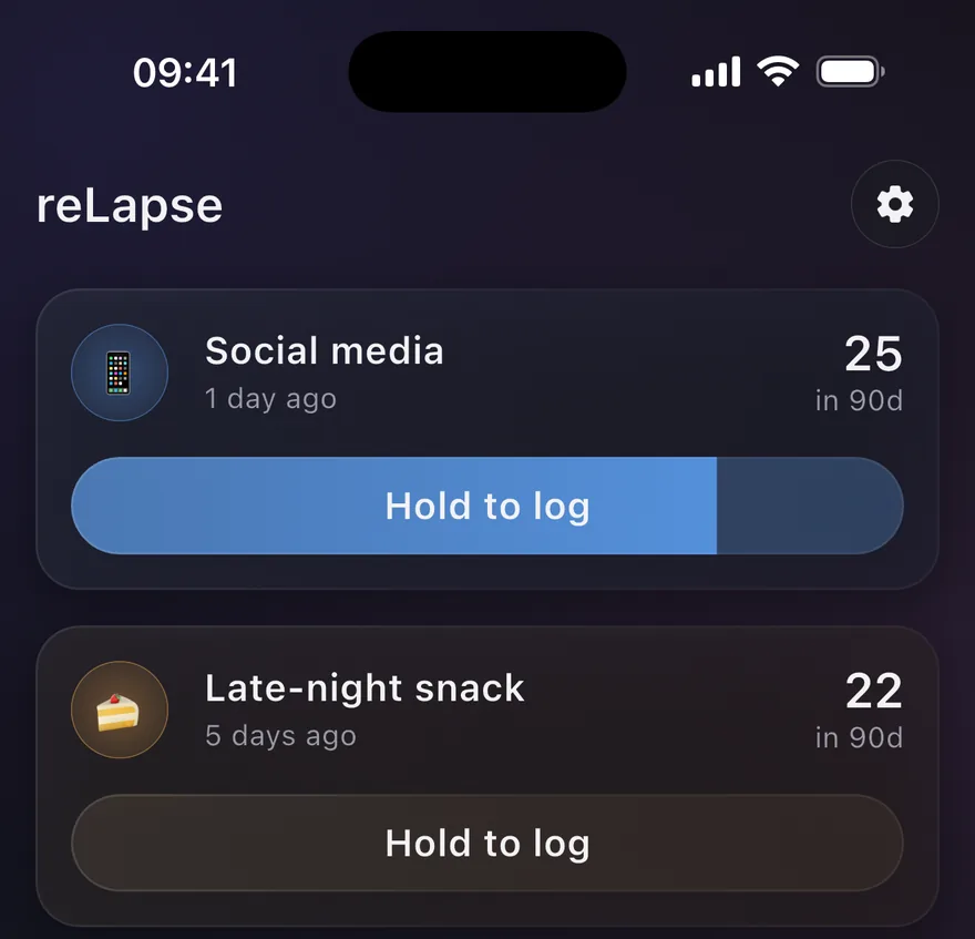 The Hold to log button partially filled with blue as a log is being recorded.